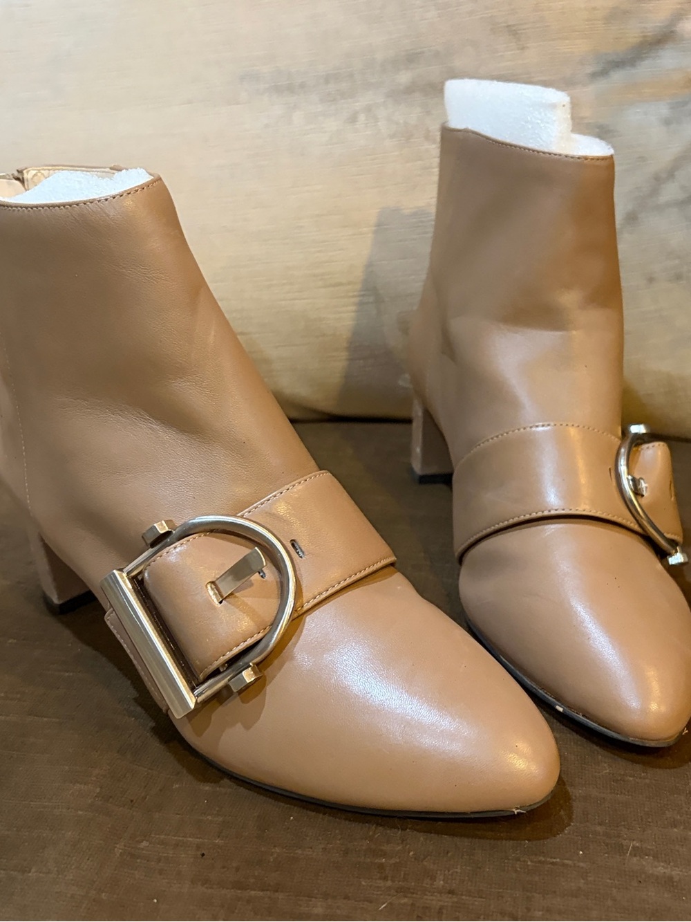 Nine West Tan Leather Ankle Booties with Gold Buckle